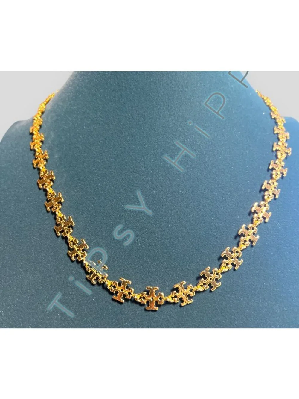 Tory Burch Gold Puzzle Piece Chain Necklace With Adjustable Clasp & Branded Pouc